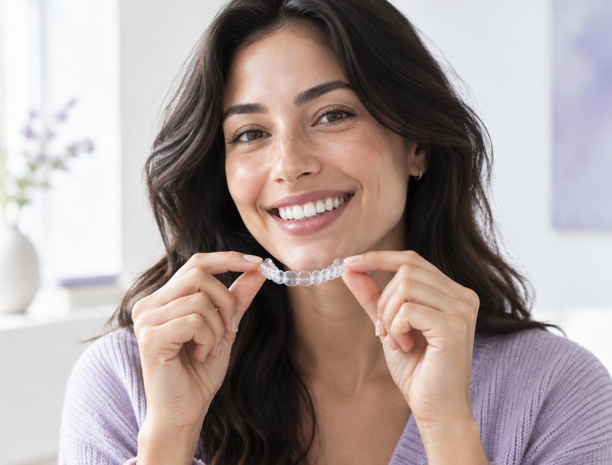 A person holding a clear aligner in front of their smile